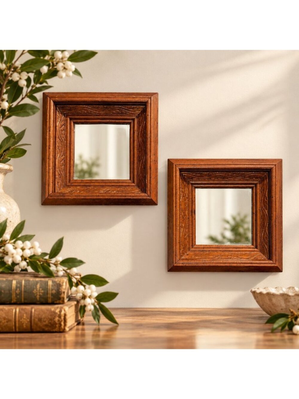 Vintage Carved Wood Wall Mirrors Set of 2 Square Diamond English Gallery Decor